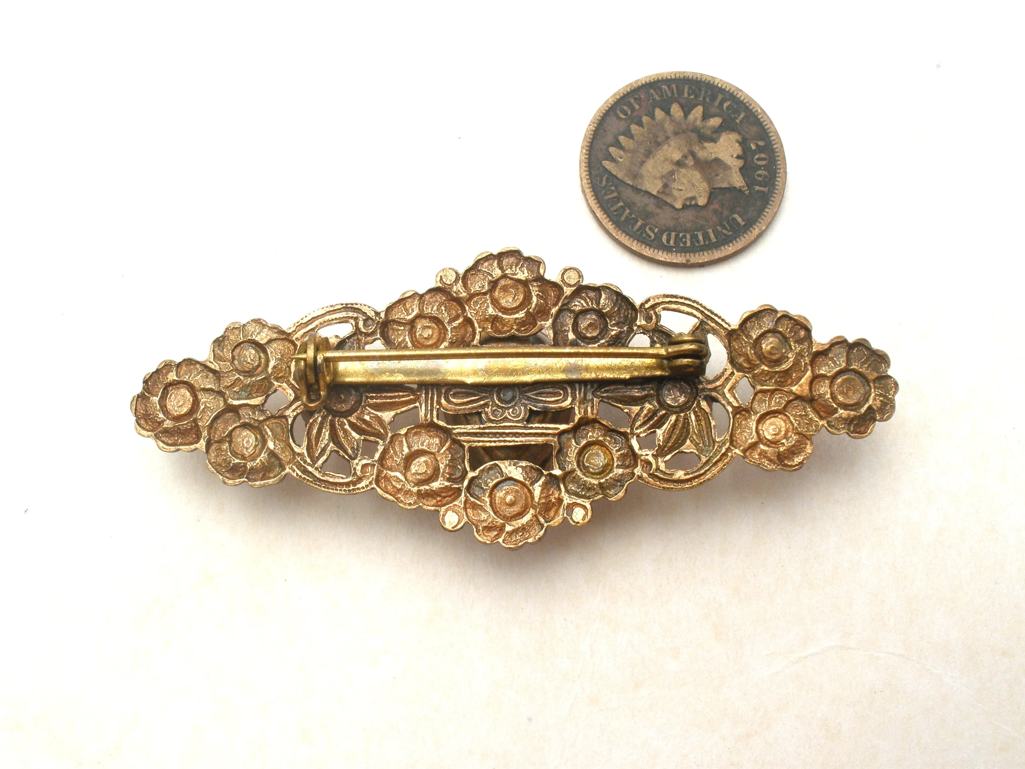 Vintage Brass Flower Brooch Pin With Pink Rhinestones