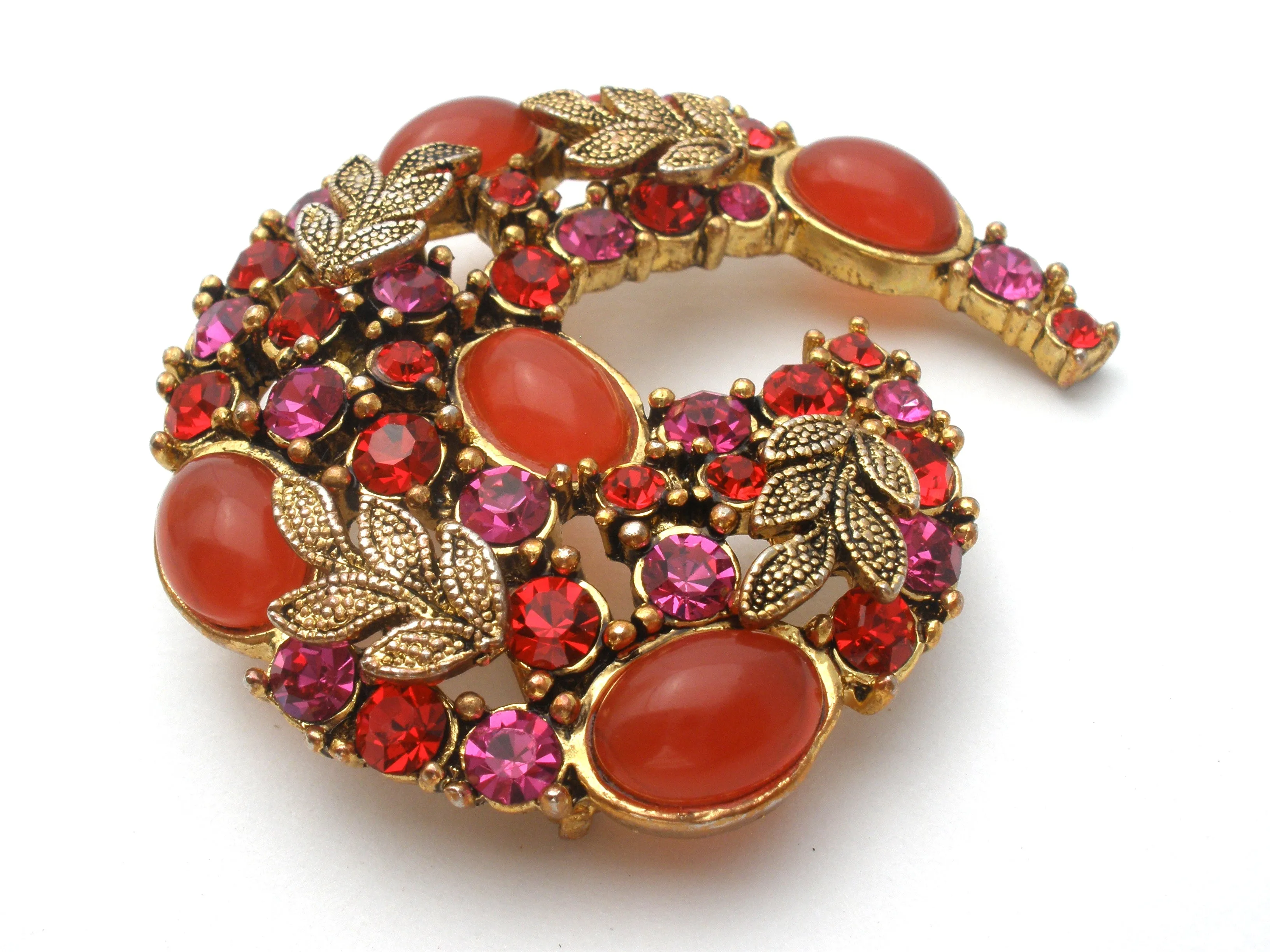 Vintage Brooch With Red Orange and Pink Rhinestones