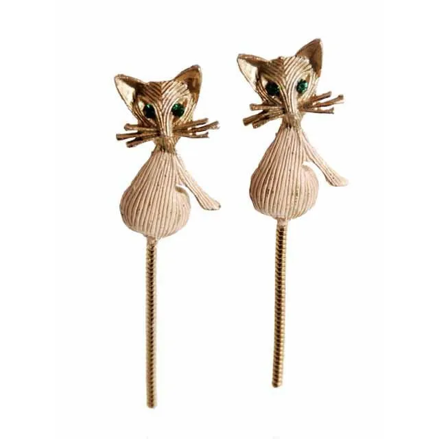 Vintage Gold Tone Cool Kitties Cat Brooches Scatter Pins 1960s Green Eyes