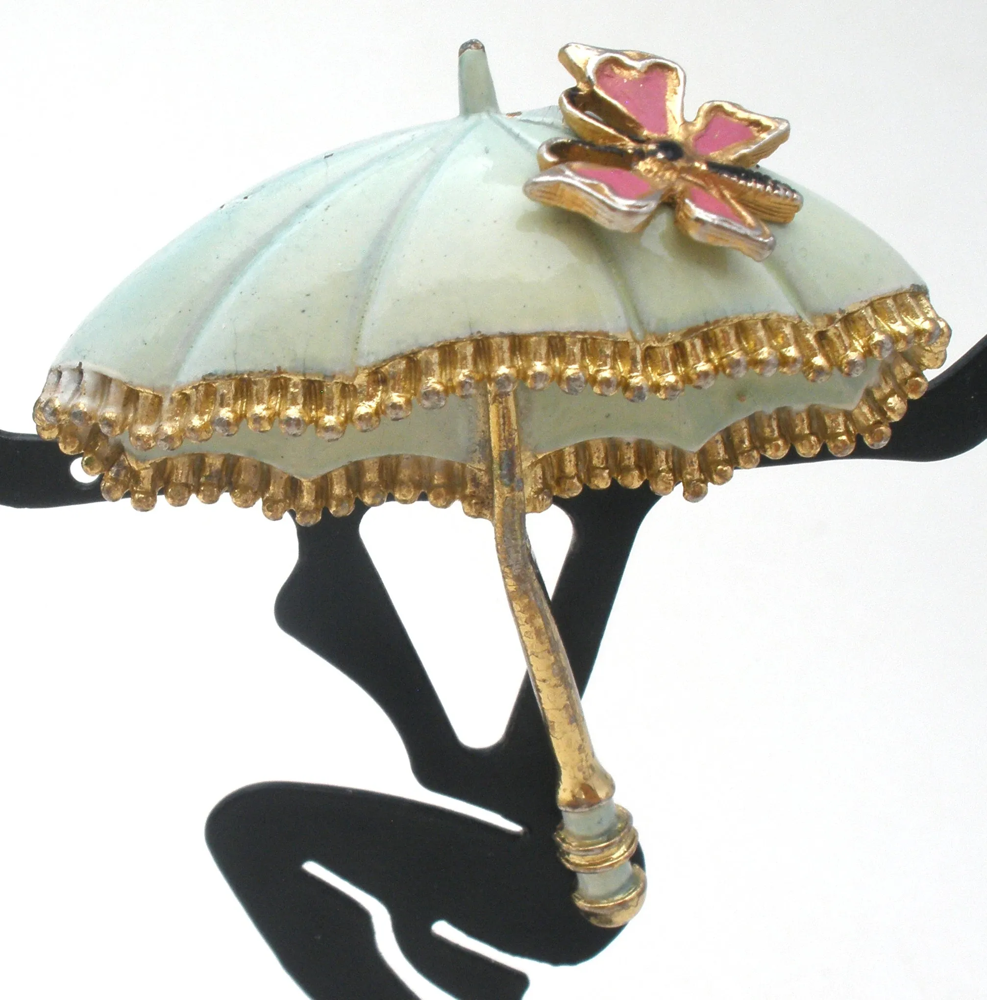 Vintage Green Enamel Butterfly Umbrella Brooch