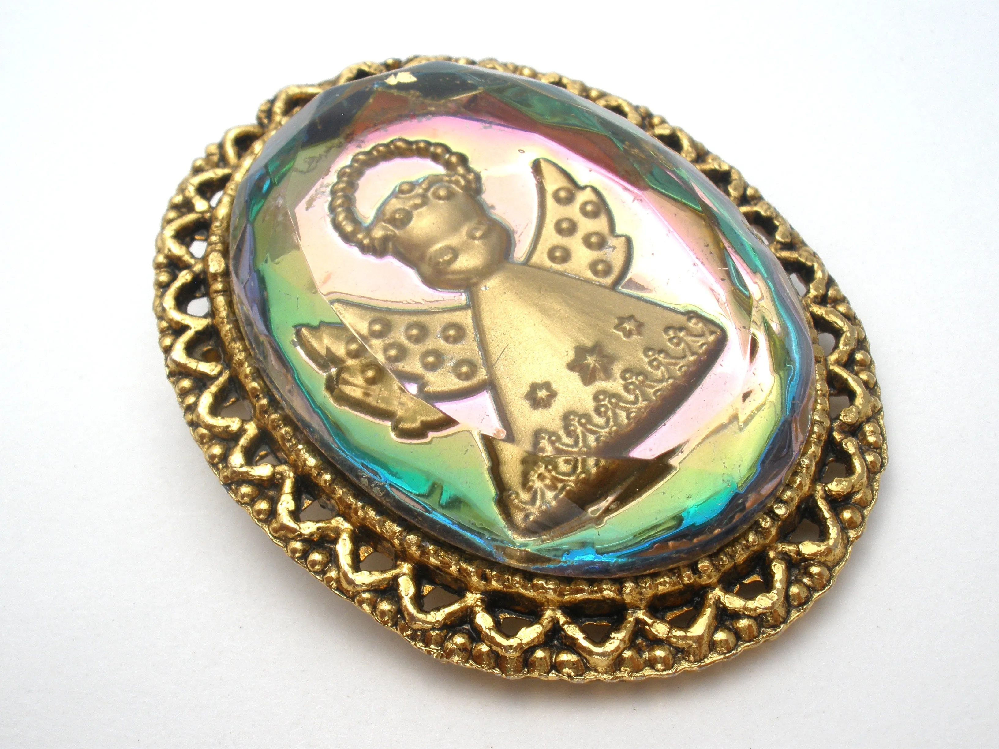 Vintage Reverse Intaglio Glass Angel Brooch