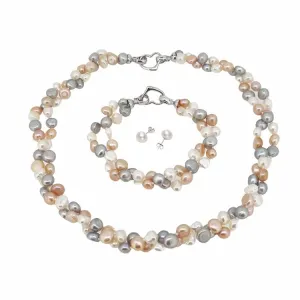 Women's Natural Freshwater Pearl Necklace Bracelet and Earrings Set