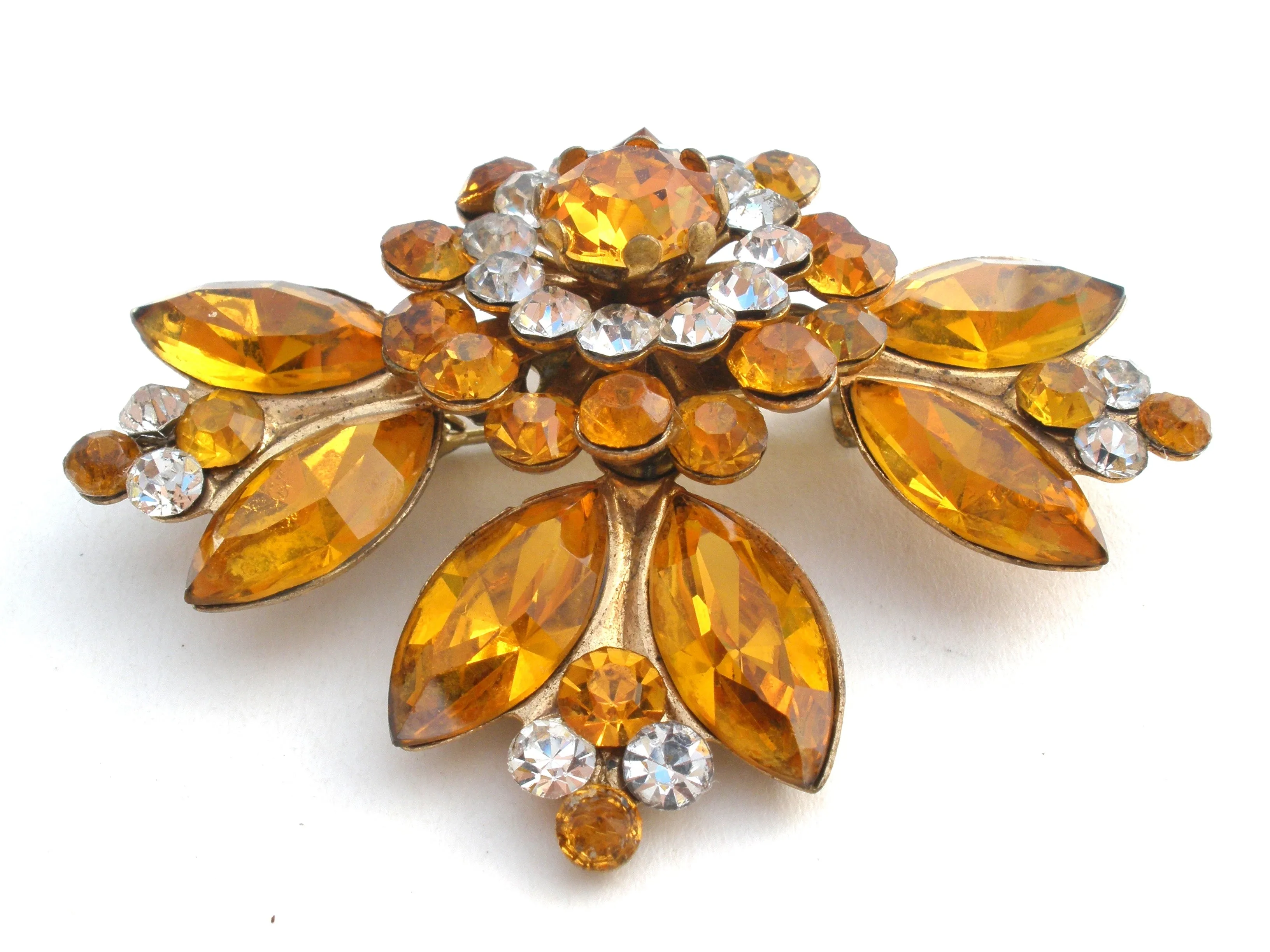 Yellow Gold Rhinestone Brass Brooch Pin Vintage