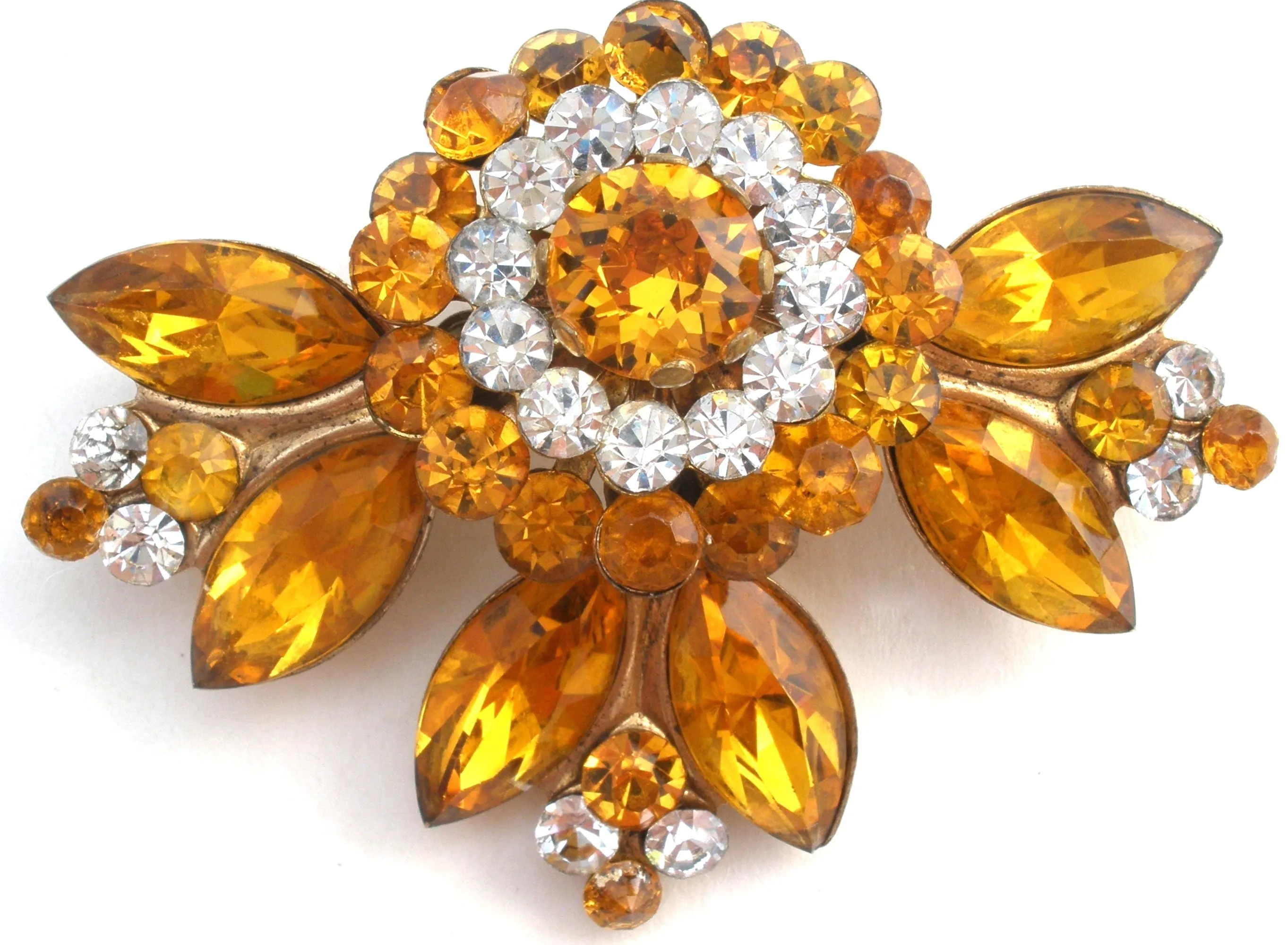 Yellow Gold Rhinestone Brass Brooch Pin Vintage