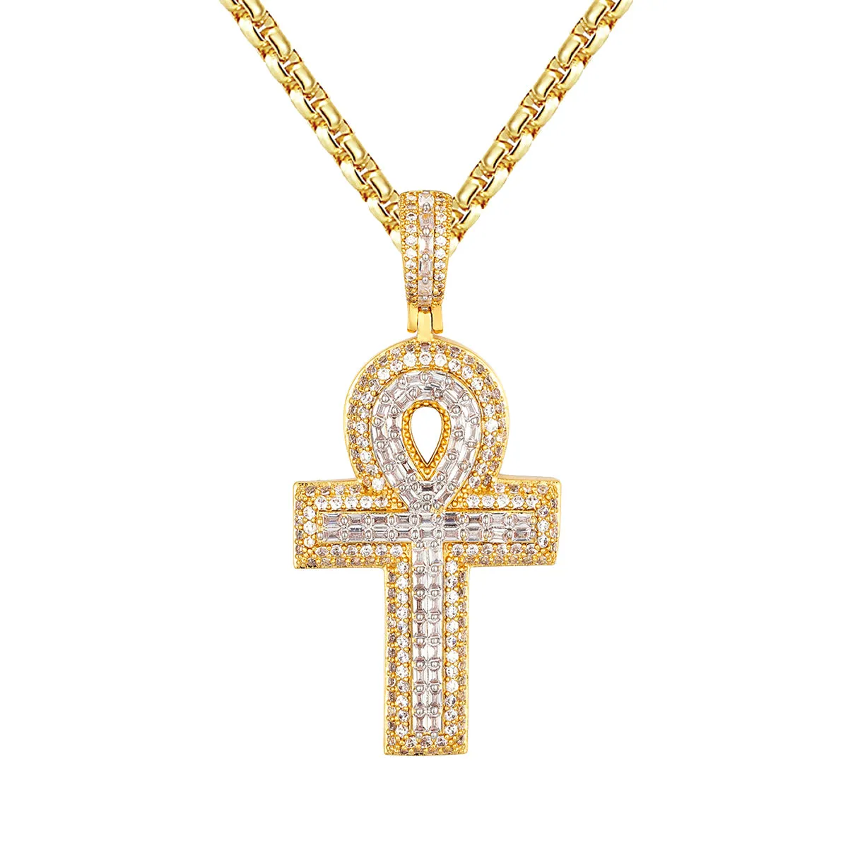 Yellow Gold Tone Ankh Cross Religious Icy Custom Pendant